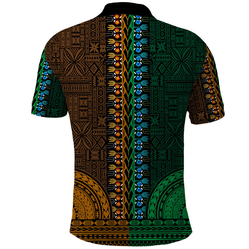 African Dashiki With Tapa Pattern - Half Green and Gold Polo Shirt