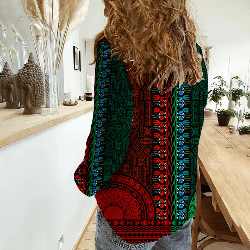 African Dashiki With Tapa Pattern - Half Green and Red Women Casual Shirt