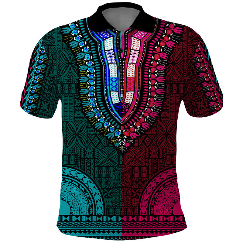African Dashiki With Tapa Pattern - Half Teal and Pink Polo Shirt