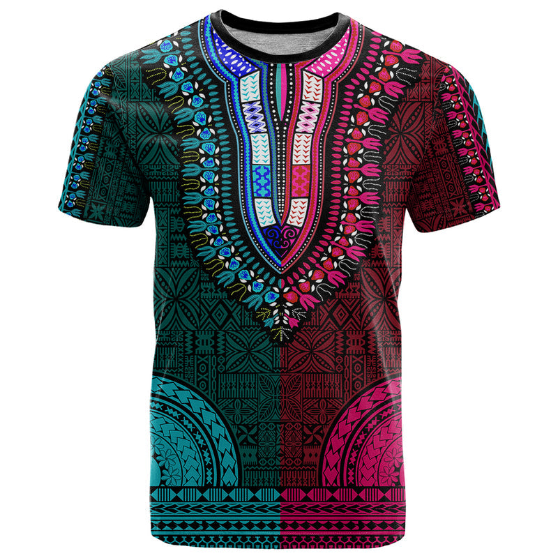 African Dashiki With Tapa Pattern - Half Teal and Pink T Shirt
