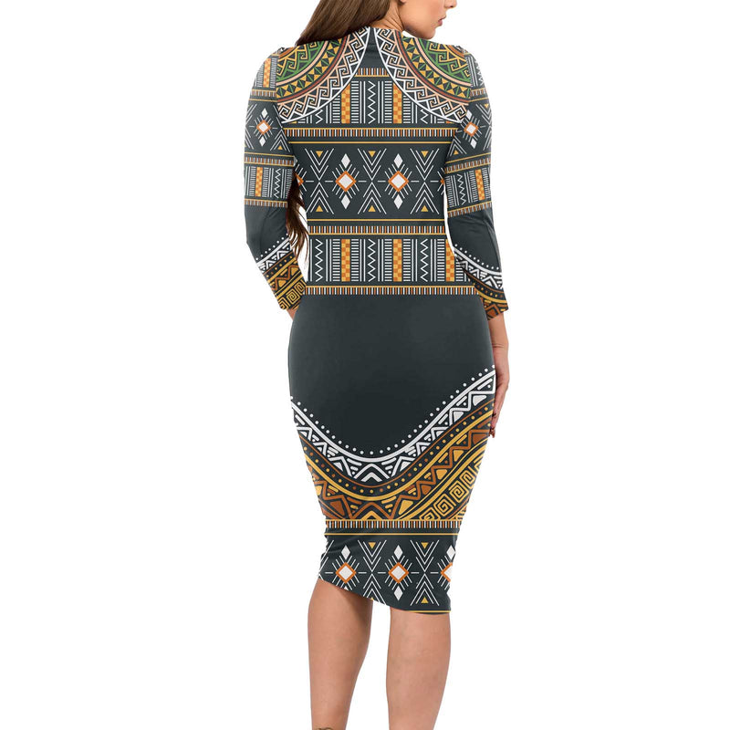 Africa Ethnic Native Pattern Long Sleeve Bodycon Dress