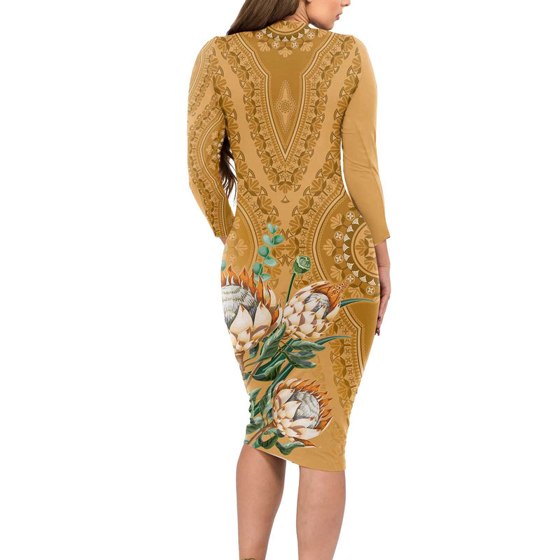 Africa King Proteas Dashiki Motif Gold Style Long Sleeve Bodycon Dress
