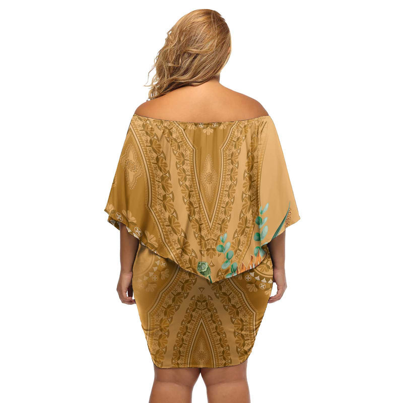 Africa King Proteas Dashiki Motif Gold Style Off Shoulder Short Dress