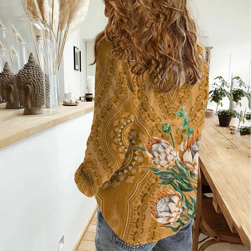 Africa King Proteas Dashiki Motif Gold Style Women Casual Shirt