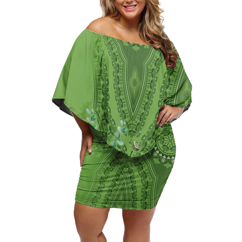 Africa King Proteas Dashiki Motif Green Style Off Shoulder Short Dress