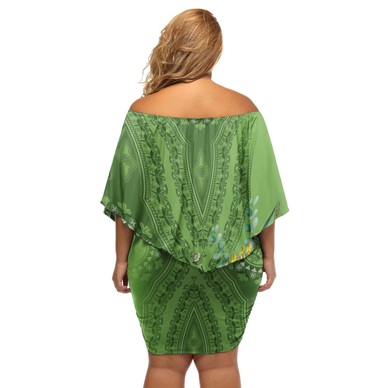 Africa King Proteas Dashiki Motif Green Style Off Shoulder Short Dress