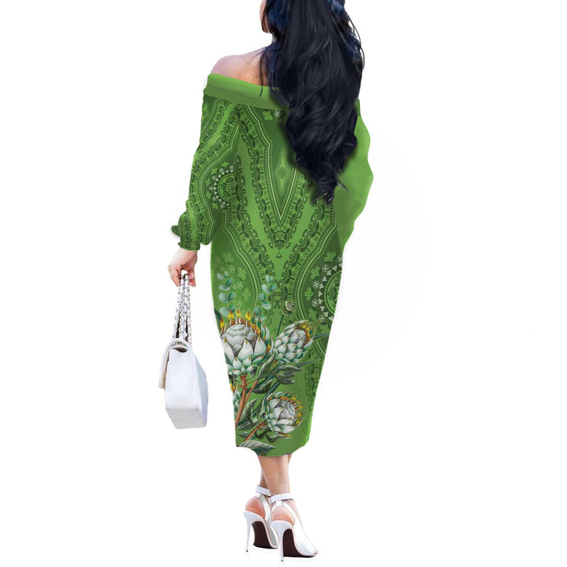 Africa King Proteas Dashiki Motif Green Style Off The Shoulder Long Sleeve Dress