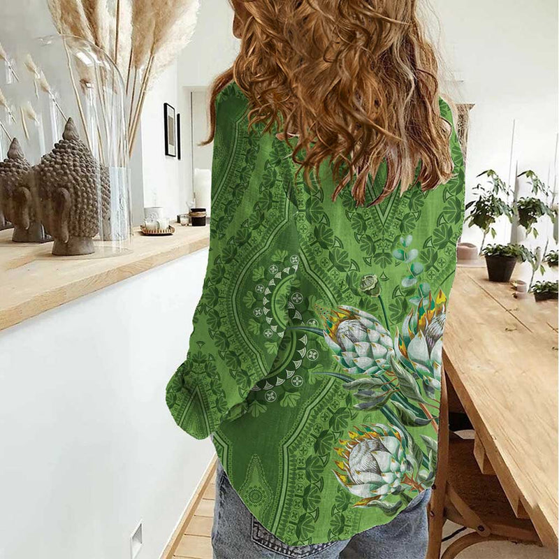 Africa King Proteas Dashiki Motif Green Style Women Casual Shirt