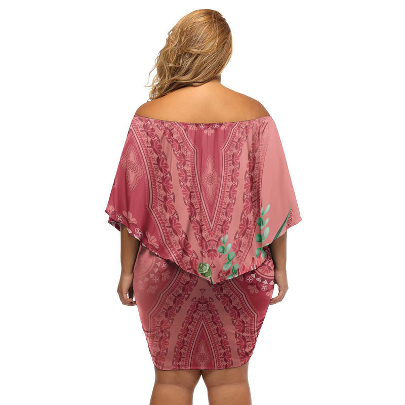 Africa King Proteas Dashiki Motif Peach Style Off Shoulder Short Dress