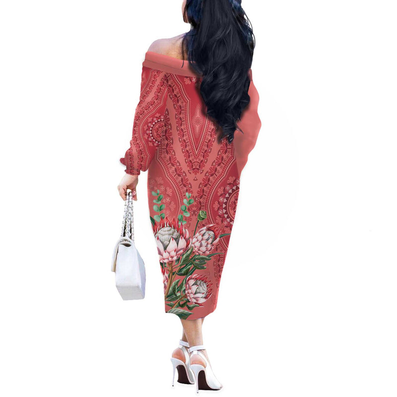 Africa King Proteas Dashiki Motif Peach Style Off The Shoulder Long Sleeve Dress