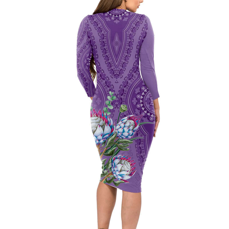 Africa King Proteas Dashiki Motif Violet Style Long Sleeve Bodycon Dress