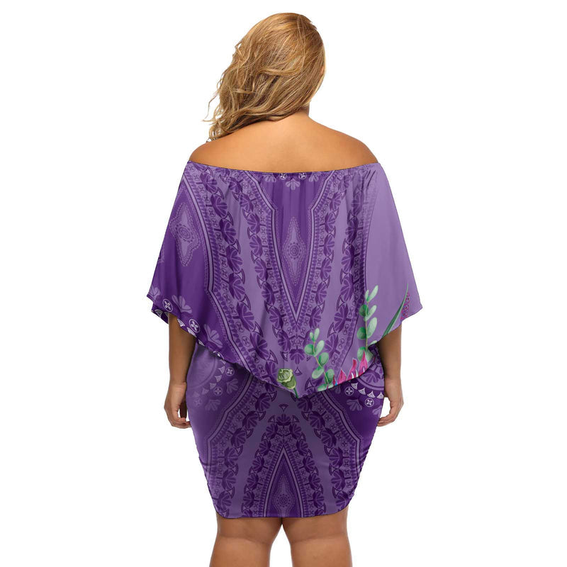 Africa King Proteas Dashiki Motif Violet Style Off Shoulder Short Dress