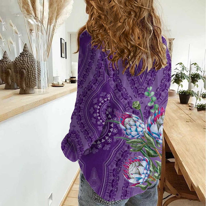 Africa King Proteas Dashiki Motif Violet Style Women Casual Shirt