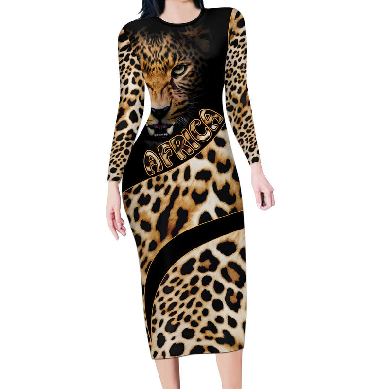 Africa Leopard Skin Pattern Version 01 Long Sleeve Bodycon Dress