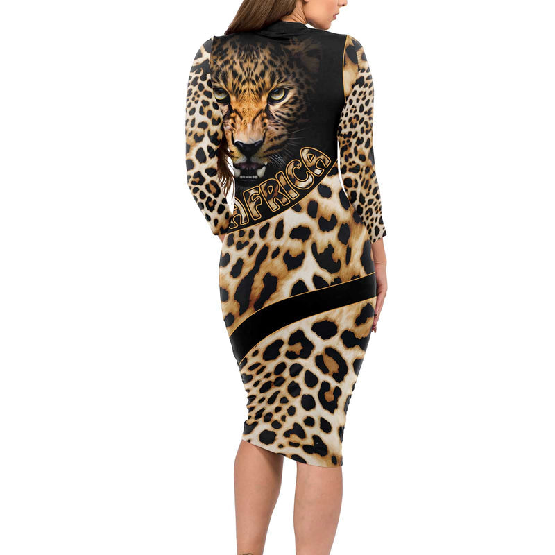 Africa Leopard Skin Pattern Version 01 Long Sleeve Bodycon Dress