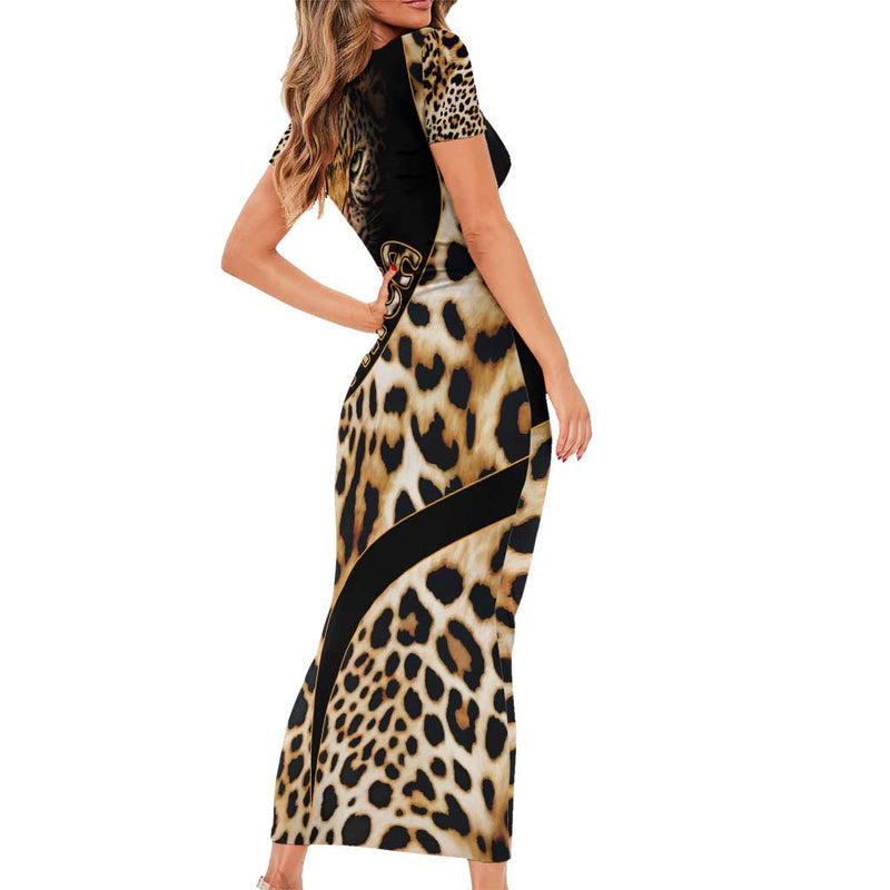 Africa Leopard Skin Pattern Version 01 Short Sleeve Bodycon Dress