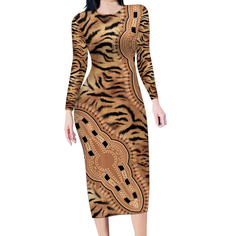 Africa Tiger Mix Dashiki Tribal Pattern Long Sleeve Bodycon Dress