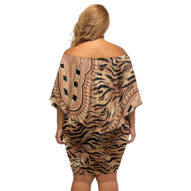 Africa Tiger Mix Dashiki Tribal Pattern Off Shoulder Short Dress