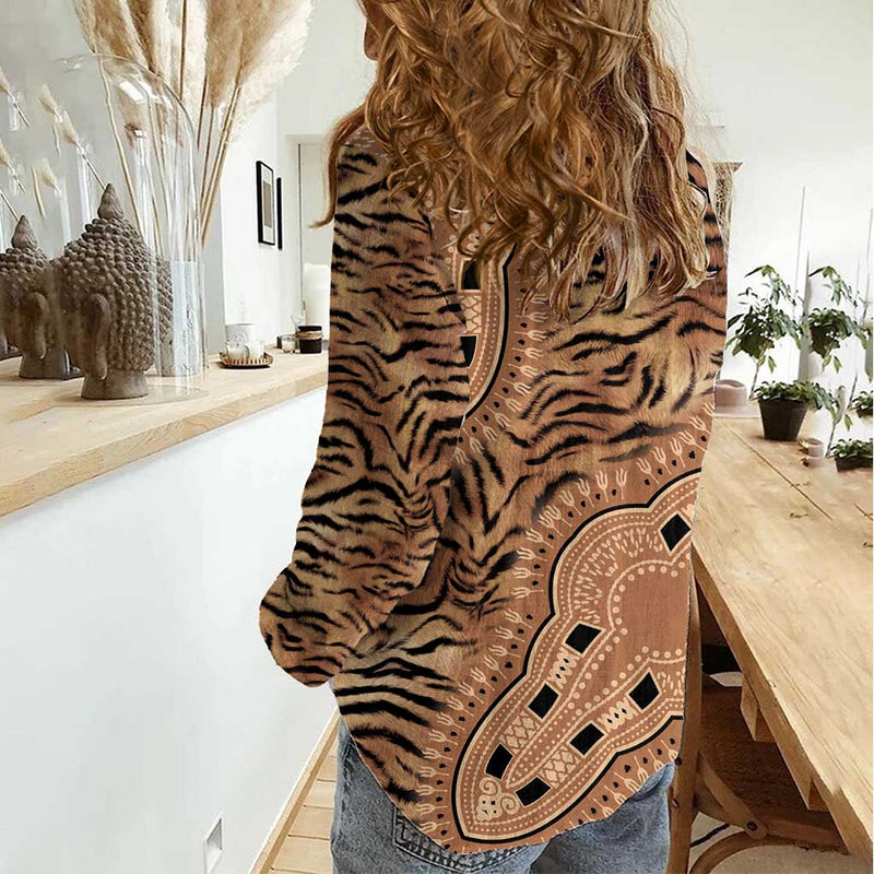 Africa Tiger Mix Dashiki Tribal Pattern Women Casual Shirt