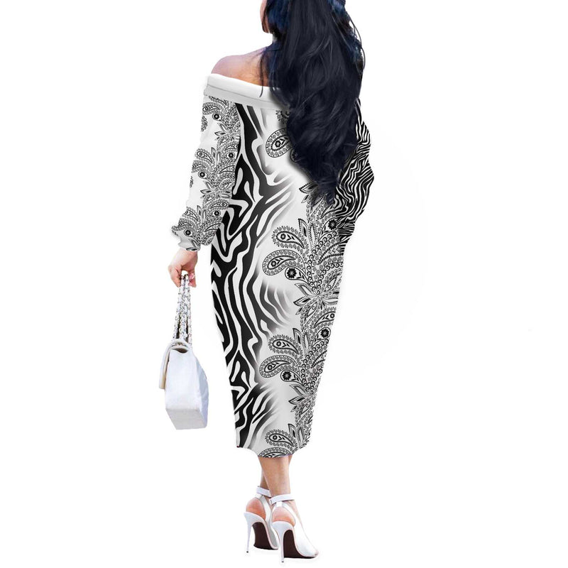 Africa Zebra Mix Paisley Tribal Pattern Off The Shoulder Long Sleeve Dress
