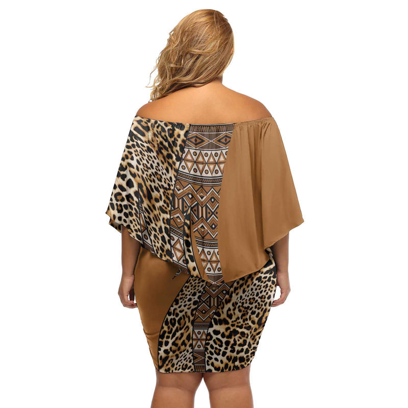 Africa Leopard Mix Native Tribal Pattern Off Shoulder Short Dress
