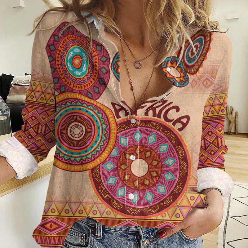 Africa Tribal Traditional Pattern Beige Motif Women Casual Shirt