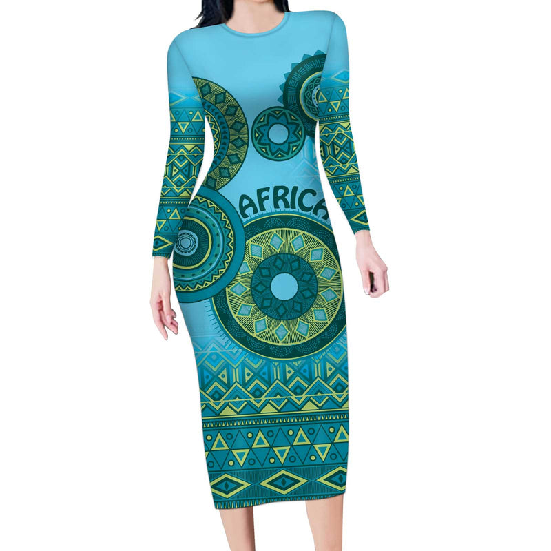 Africa Tribal Traditional Pattern Blue Motif Long Sleeve Bodycon Dress