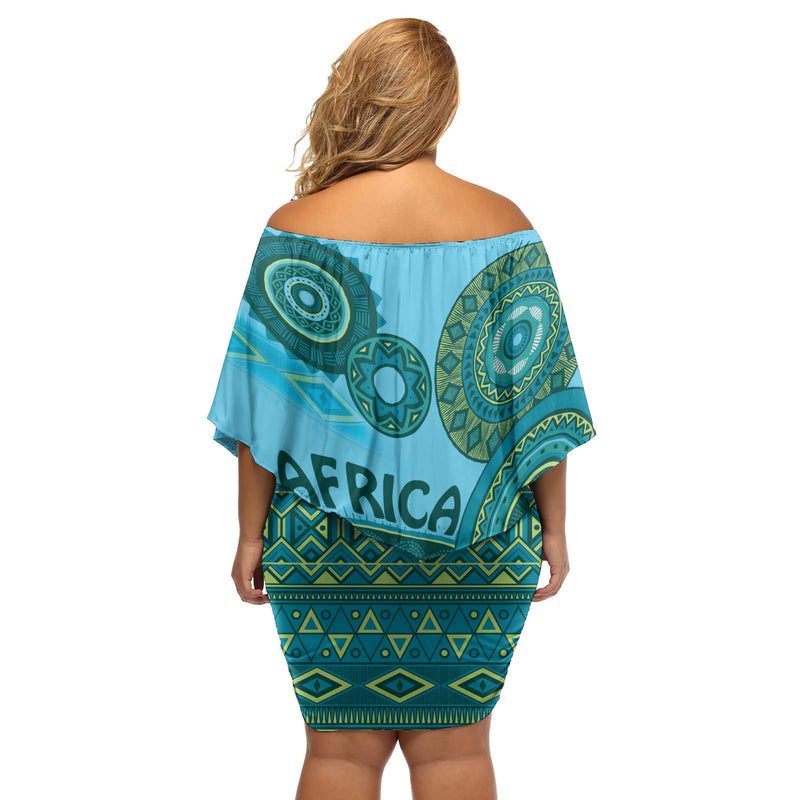 Africa Tribal Traditional Pattern Blue Motif Off Shoulder Short Dress