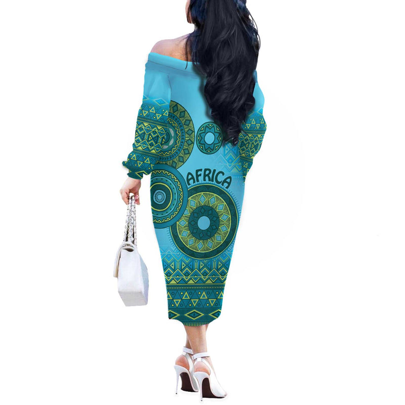 Africa Tribal Traditional Pattern Blue Motif Off The Shoulder Long Sleeve Dress