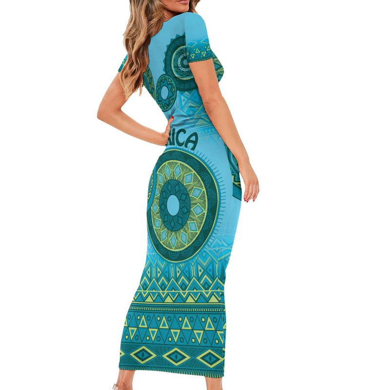 Africa Tribal Traditional Pattern Blue Motif Short Sleeve Bodycon Dress