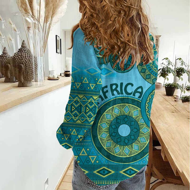 Africa Tribal Traditional Pattern Blue Motif Women Casual Shirt