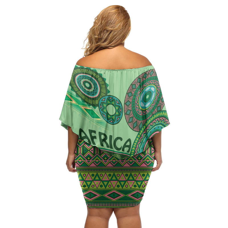 Africa Tribal Traditional Pattern Green Motif Off Shoulder Short Dress