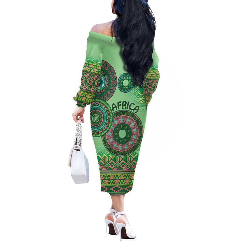 Africa Tribal Traditional Pattern Green Motif Off The Shoulder Long Sleeve Dress