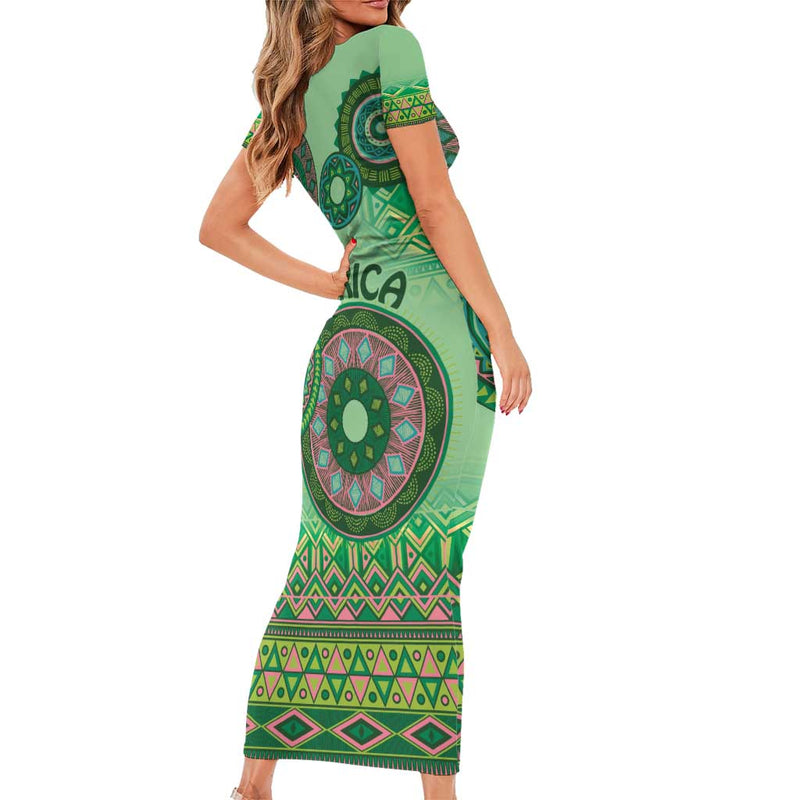 Africa Tribal Traditional Pattern Green Motif Short Sleeve Bodycon Dress