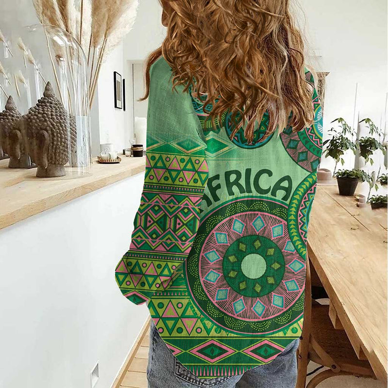 Africa Tribal Traditional Pattern Green Motif Women Casual Shirt