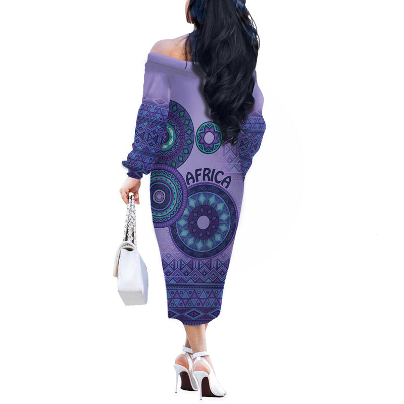 Africa Tribal Traditional Pattern Purple Motif Off The Shoulder Long Sleeve Dress