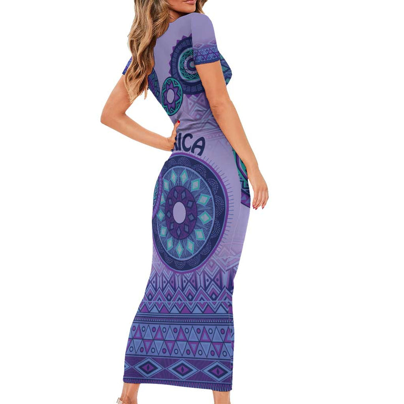 Africa Tribal Traditional Pattern Purple Motif Short Sleeve Bodycon Dress