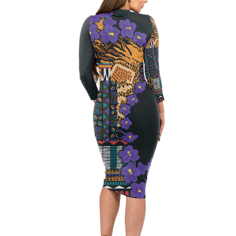 Africa Violets Flowers Mix Native Tribal Pattern Long Sleeve Bodycon Dress