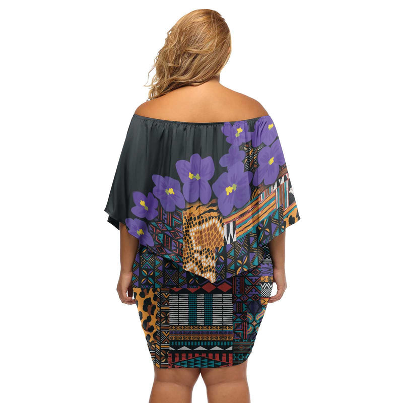 Africa Violets Flowers Mix Native Tribal Pattern Off Shoulder Short Dress