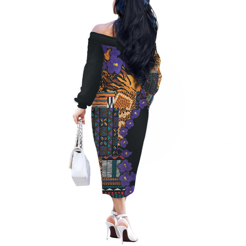 Africa Violets Flowers Mix Native Tribal Pattern Off The Shoulder Long Sleeve Dress
