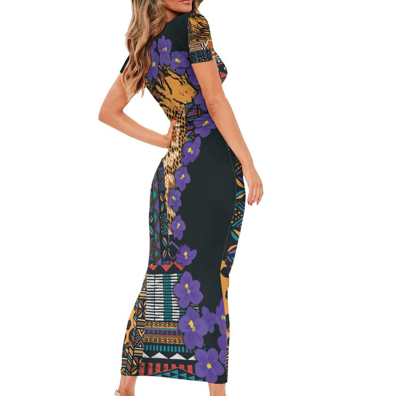 Africa Violets Flowers Mix Native Tribal Pattern Short Sleeve Bodycon Dress