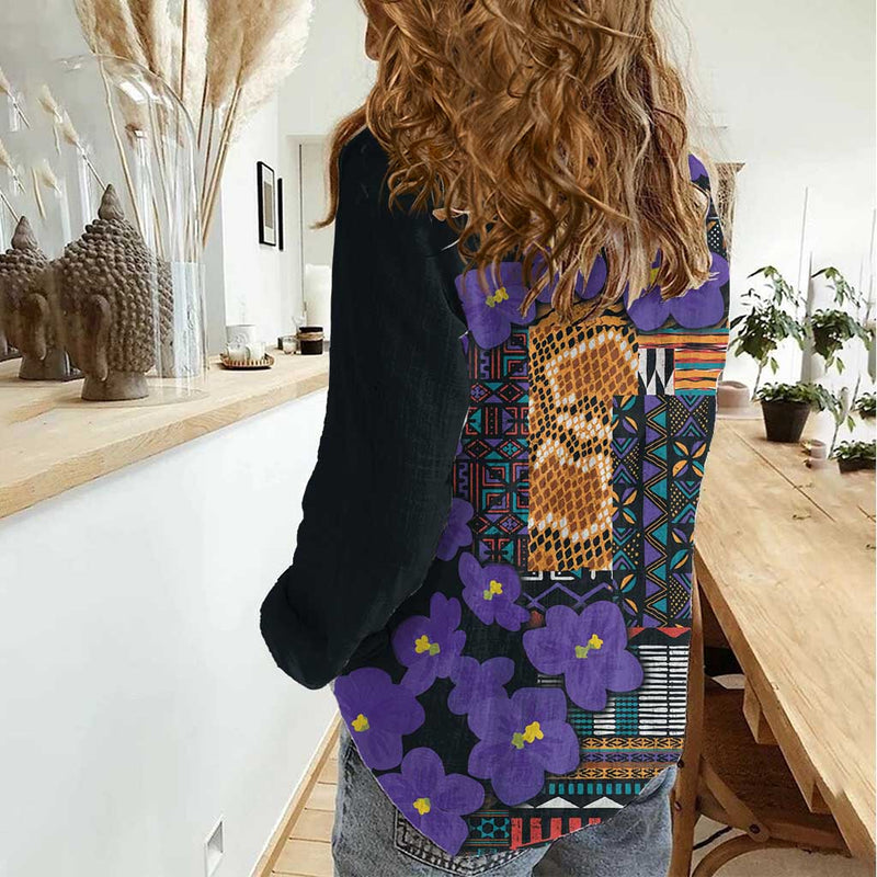 Africa Violets Flowers Mix Native Tribal Pattern Women Casual Shirt