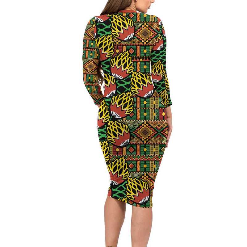 African Tribal Geometric Mixed Kanga Pattern Long Sleeve Bodycon Dress