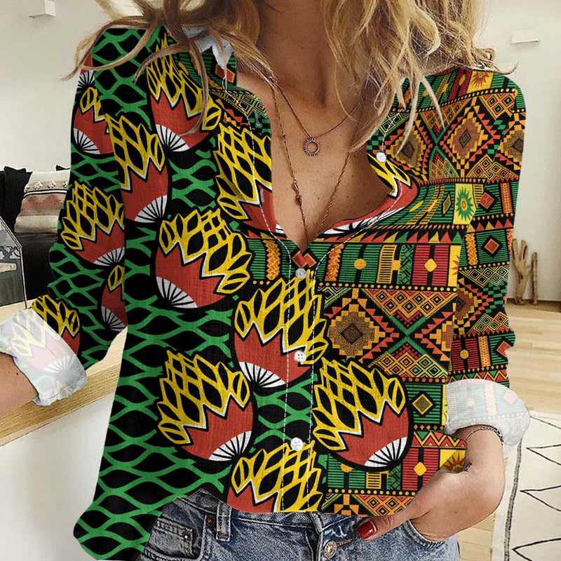 African Tribal Geometric Mixed Kanga Pattern Women Casual Shirt