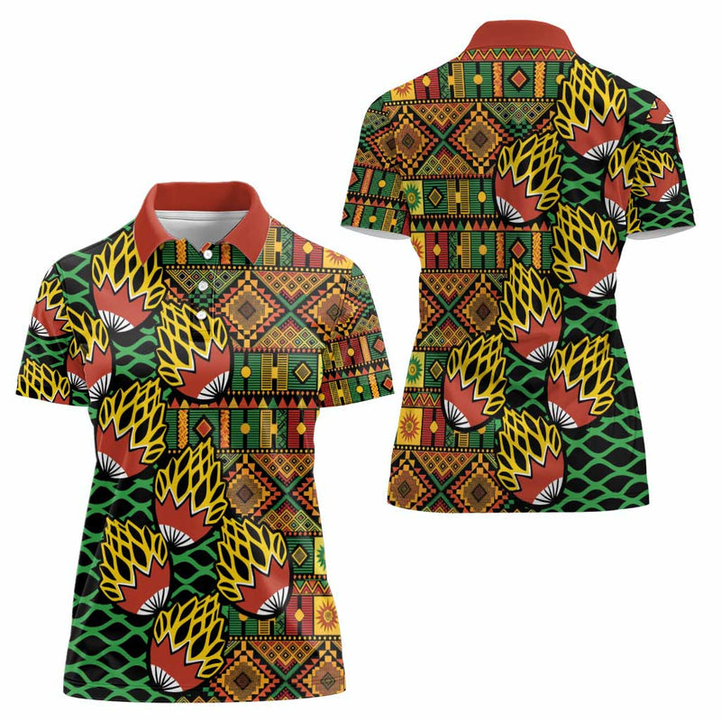African Tribal Geometric Mixed Kanga Pattern Women Polo Shirt