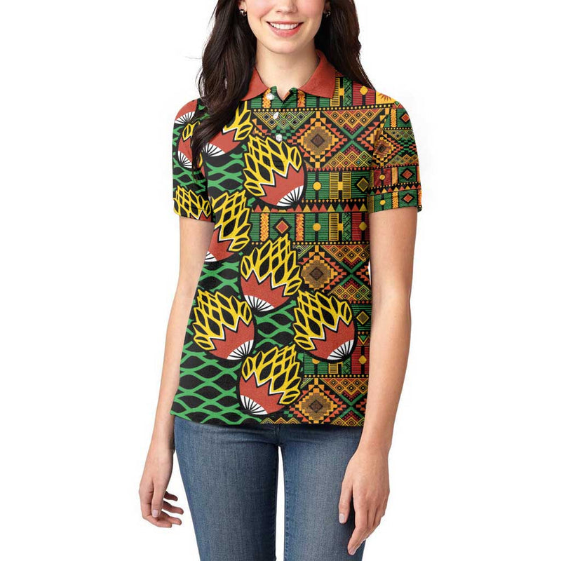 African Tribal Geometric Mixed Kanga Pattern Women Polo Shirt