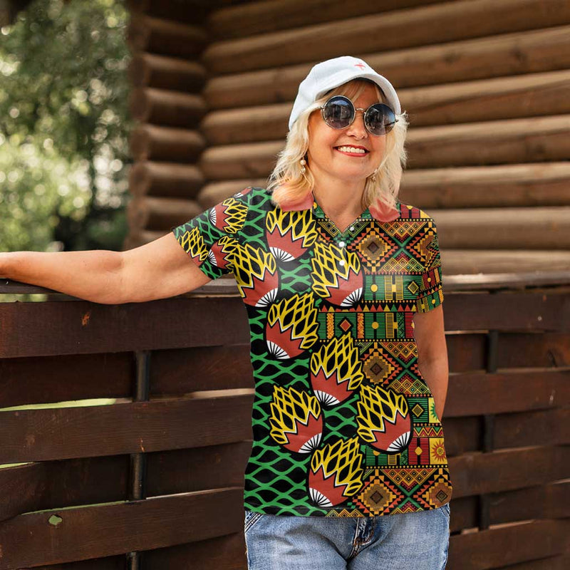 African Tribal Geometric Mixed Kanga Pattern Women Polo Shirt