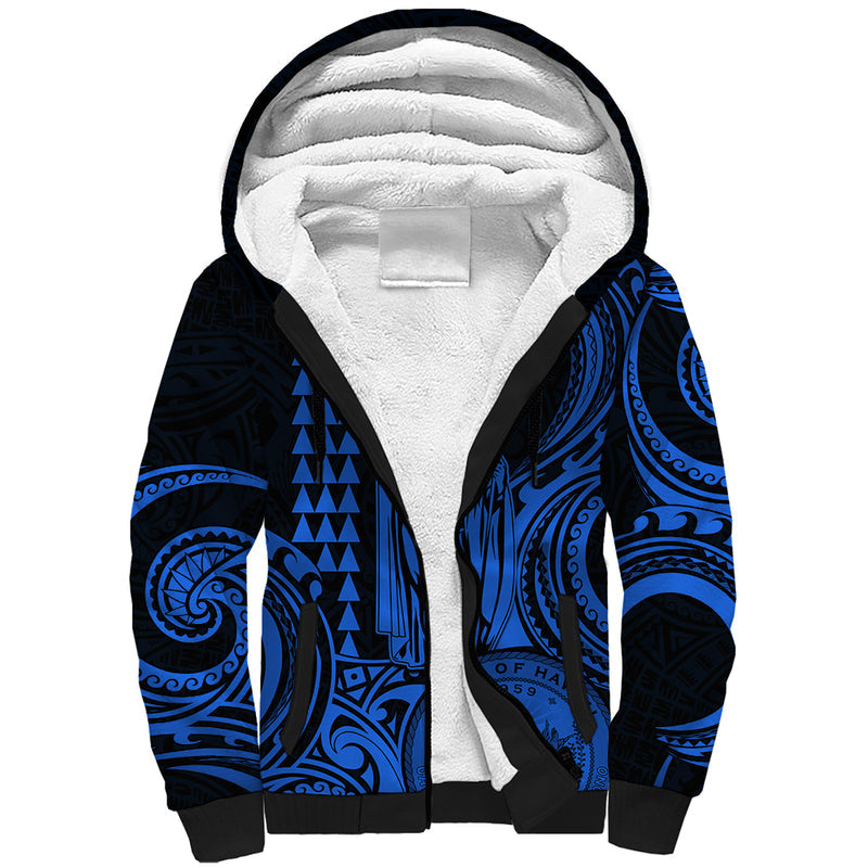 Custom Happy King Kamehameha Day Hawaii Paradise of the Pacific Tribal Kakau with Kanaka Maoli - Blue Sherpa Hoodie