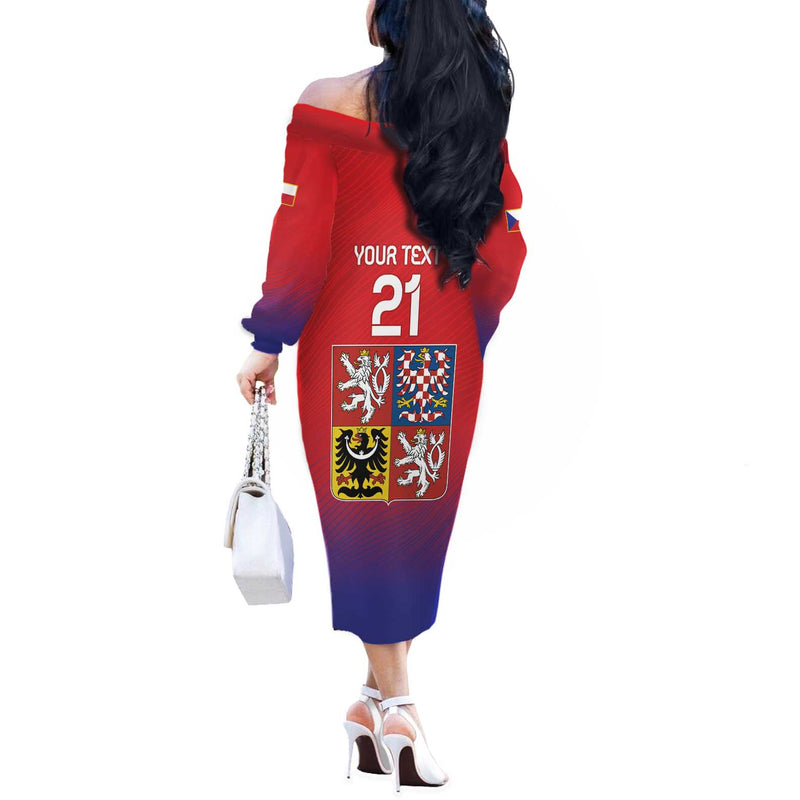 Custom Czech Republic Unique Double Tailed Lion Off The Shoulder Long Sleeve Dress