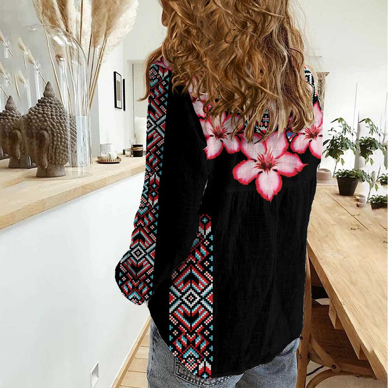Africa Adenium Multiflorum Flowers Mix Native Tribal Pattern Women Casual Shirt